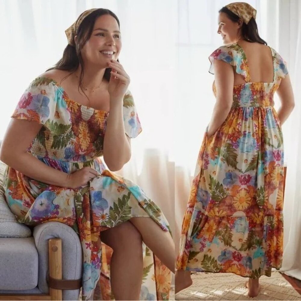 Anthropologie Floral Maxi Dress in Cream, Orange, Blue, Green - Picture 3 of 11